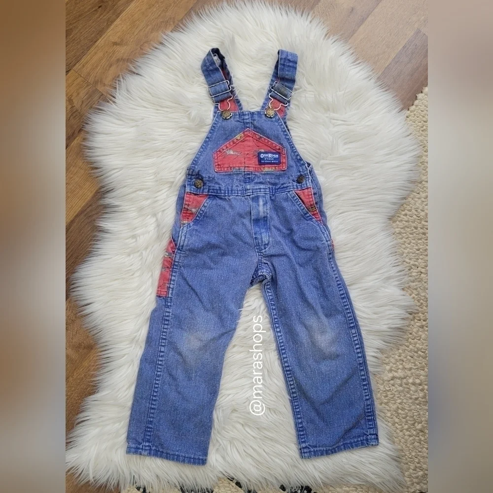 VTG OshKosh B'Gosh Vestbak Denim Set Overalls Red Race Horse